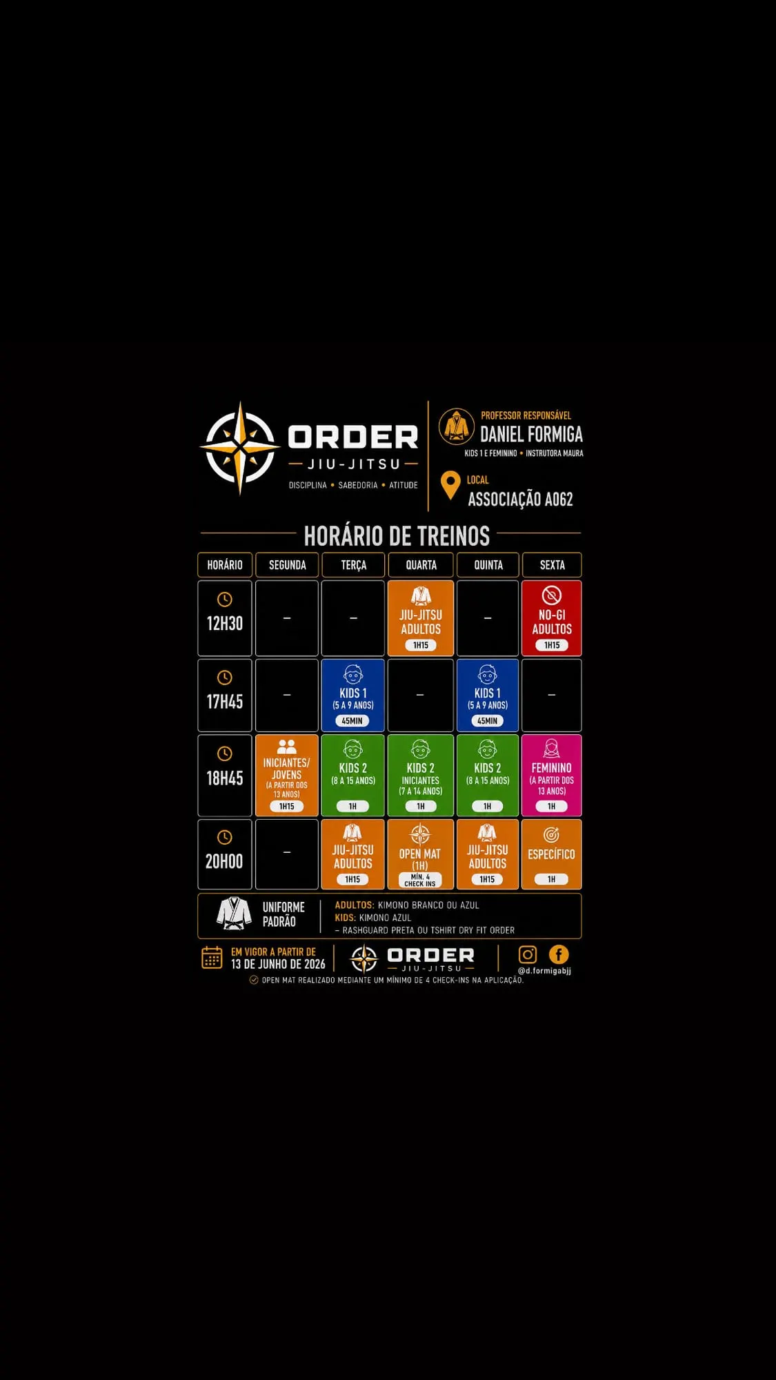 Cartaz do horário semanal de treinos Order Jiu-Jitsu