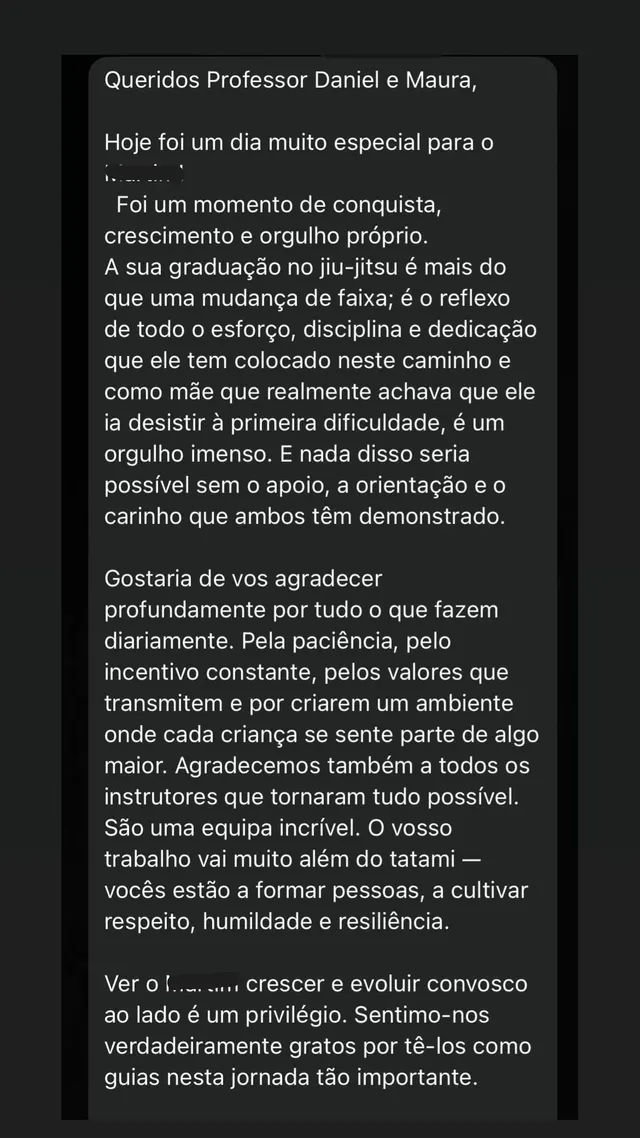 Print de mensagem de agradecimento de aluno ou encarregado de educação